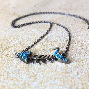 Handmade Blue Cubic Zirconia Fishbone Pendant Necklace - Gunmetal - 18"
